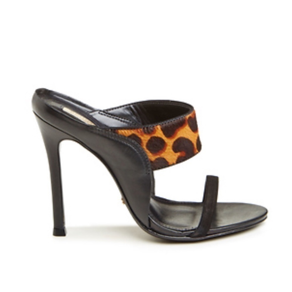 40-Schultz Black Leather and Leopard Stiletto Sandals Size: 8 Med.